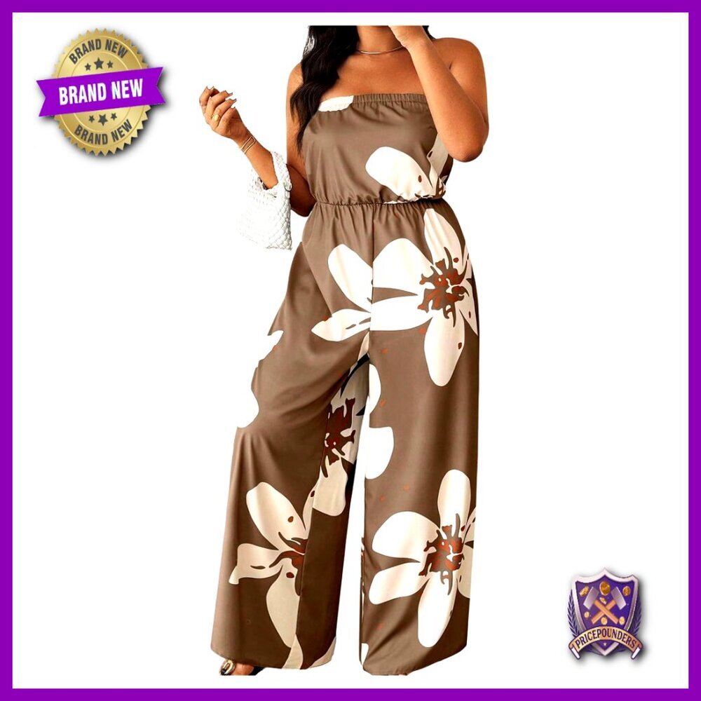Plus Size Strapless Jumpsuit Floral Print Off Shoulder Romper Summer